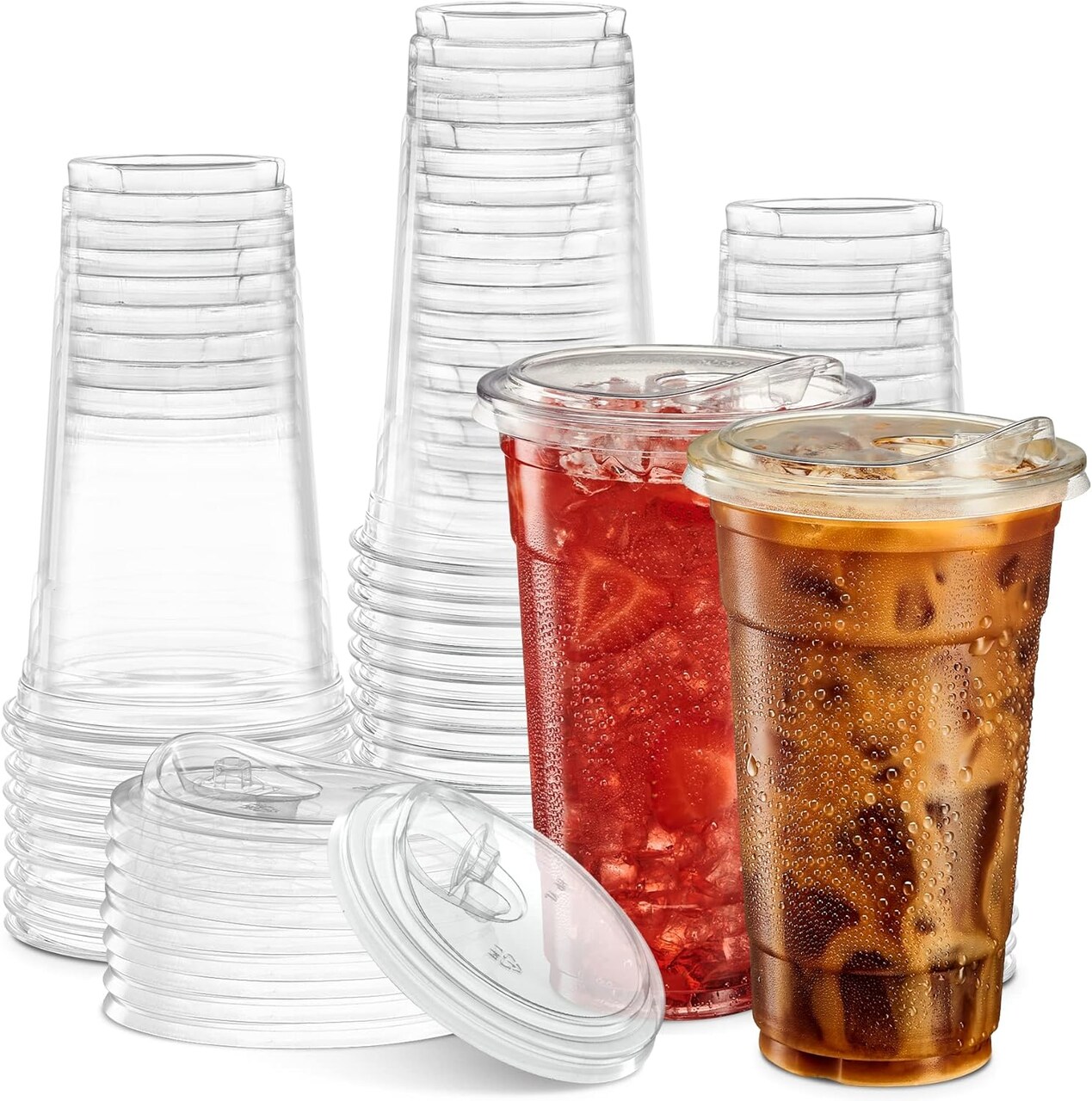 24 oz. Clear Cups with Straw less Sip-Lids, PET Crystal Clear Disposable 24 oz Plastic Coffee Cups with Lids